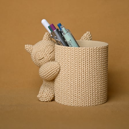 3D Baskı Knitted Kalemlik - Sevimli Karakterli Masaüstü Kalem Organizeri-Bej