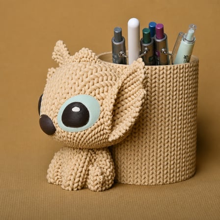 3D Baskı Knitted Kalemlik - Sevimli Karakterli Masaüstü Kalem Organizeri-Bej
