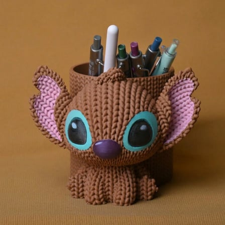 3D Baskı Knitted Kalemlik - Sevimli Karakterli Masaüstü Kalem Organizeri-Kahverengi