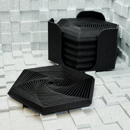 3D Baskı Super Fidget Coaster Seti - Altıgen Desenli Bardak Altlığı ve Tutucu-Siyah