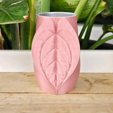 3D Baskı Yaprak Desenli Kap - Kalp Yaprağı Süslemeli Dekoratif Kap-Pembe