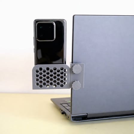 3D Baskı Monitor Telefon Tutucu - Petek Desenli Laptop Kenar Telefon Tutucu-Gri