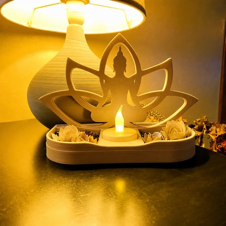 3D Baskı Lotus Buda Mumluk - Dekoratif Tealight Mumluk-Bej
