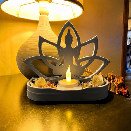 3D Baskı Lotus Buda Mumluk - Dekoratif Tealight Mumluk-Gri