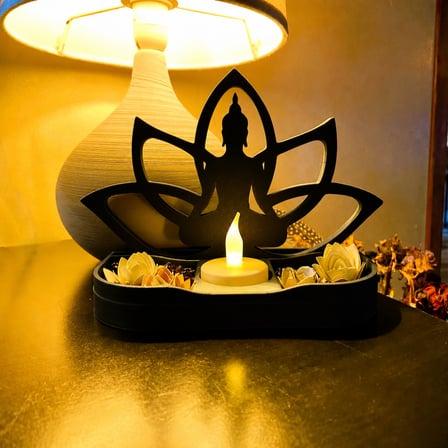 3D Baskı Lotus Buda Mumluk - Dekoratif Tealight Mumluk-Siyah
