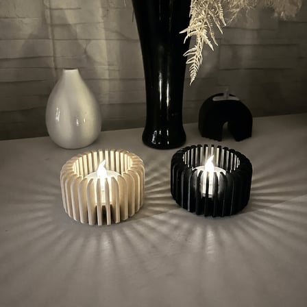 3D Baskı Modern Çizgili Mumluk - Tealight Mumluk (1 Adet)-Bej