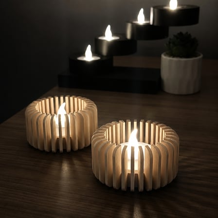 3D Baskı Modern Çizgili Mumluk - Tealight Mumluk (1 Adet)-Bej