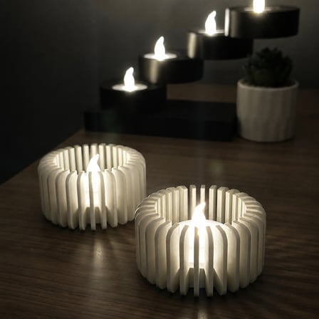 3D Baskı Modern Çizgili Mumluk - Tealight Mumluk (1 Adet)-Beyaz