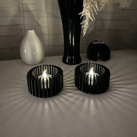 3D Baskı Modern Çizgili Mumluk - Tealight Mumluk (1 Adet)-Siyah