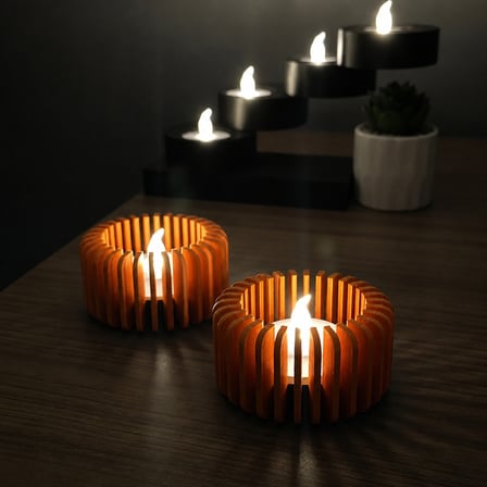3D Baskı Modern Çizgili Mumluk - Tealight Mumluk (1 Adet)-Turuncu