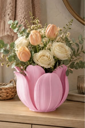 3D Baskı Lotus Yapraklı Vazo - Dekoratif Çiçeklik-Pembe