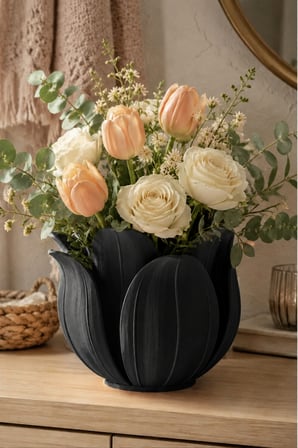 3D Baskı Lotus Yapraklı Vazo - Dekoratif Çiçeklik-Siyah