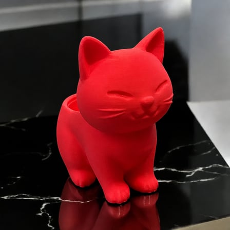 3D Baskı Sevimli Kedi Saksı - Figürlü Sukulent Saksısı-Kırmızı