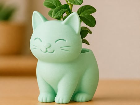 3D Baskı Sevimli Kedi Saksı - Figürlü Sukulent Saksısı-Mint