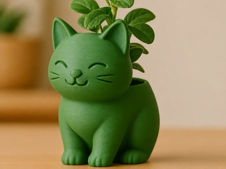 3D Baskı Sevimli Kedi Saksı - Figürlü Sukulent Saksısı-Yeşil