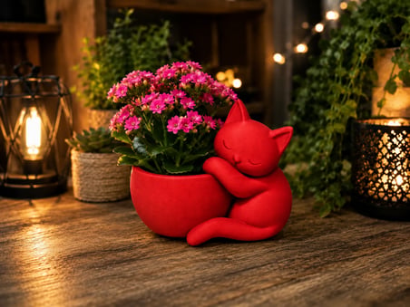 3D Baskı Sarılan Kedi Saksı - Sevimli Dekoratif Saksı - Kırmızı