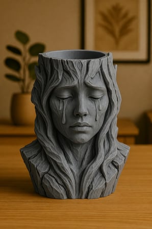 3D Baskı Ağlayan Kadın Büst Saksı - Sanatsal Dekoratif Saksı - Gri