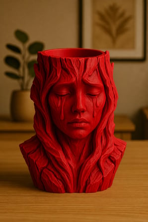 3D Baskı Ağlayan Kadın Büst Saksı - Sanatsal Dekoratif Saksı - Kırmızı