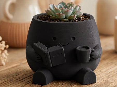 3D Baskı Kitap Okuyan Saksı - Kupa Tutan Sevimli Saksı-Siyah