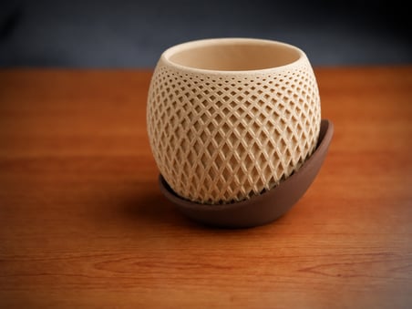 3D Baskı Küre Saksı - Kafes Dokulu İki Parçalı Dekoratif Saksı - Bej-Kahverengi