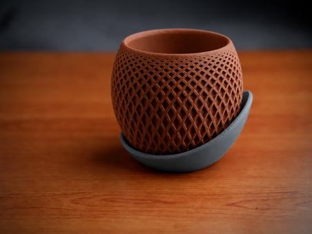 3D Baskı Küre Saksı - Kafes Dokulu İki Parçalı Dekoratif Saksı - Kahverengi-Gri