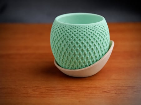 3D Baskı Küre Saksı - Kafes Dokulu İki Parçalı Dekoratif Saksı - Mint-Bej