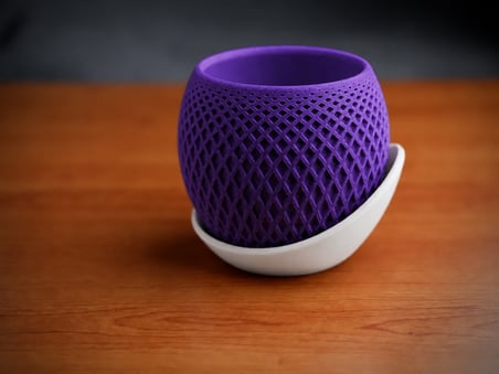 3D Baskı Küre Saksı - Kafes Dokulu İki Parçalı Dekoratif Saksı - Mor-Beyaz