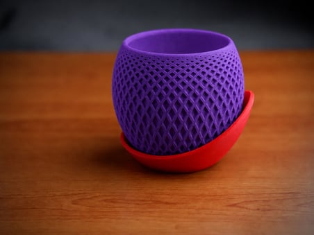 3D Baskı Küre Saksı - Kafes Dokulu İki Parçalı Dekoratif Saksı - Mor-Kırmızı