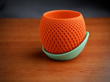 3D Baskı Küre Saksı - Kafes Dokulu İki Parçalı Dekoratif Saksı - Turuncu-Mint