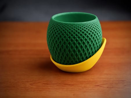 3D Baskı Küre Saksı - Kafes Dokulu İki Parçalı Dekoratif Saksı - Yeşil-Sarı