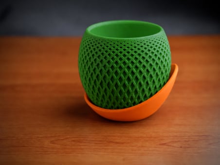 3D Baskı Küre Saksı - Kafes Dokulu İki Parçalı Dekoratif Saksı - Yeşil-Turuncu