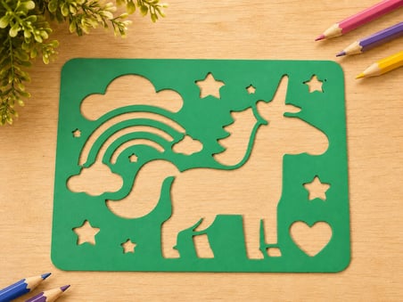 3D Baskı Unicorn ve Gökkuşağı Çizim Şablonu - Desen Kalıbı - Yeşil