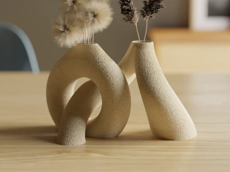 3D Baskı 2li Organik Formlu Vazo Seti Kum Dokulu Modern Kuru Çiçeklik Bej Dekoratif İkili Set