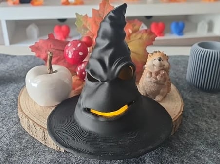 3D Baskı Cadı Şapkası Tealight Mumluk Işıklı Yüz Detaylı Cadılar Bayramı Feneri Masa Süsü Siyah