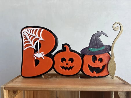 3D Baskı Boo Yazılı Halloween Masa Süsü Örümcek Ağı Balkabağı Detaylı Cadılar Bayramı Dekoru Turuncu Siyah