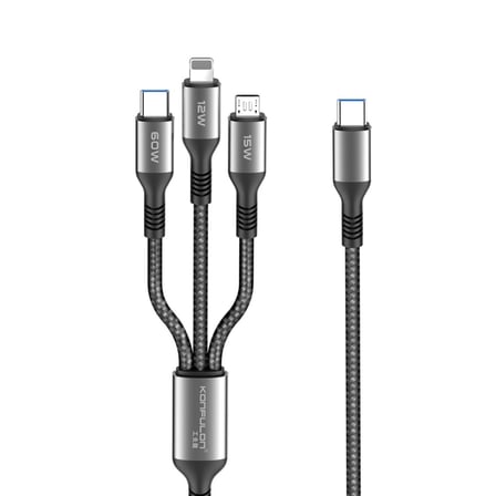DC62 3in1 Type-C to 60W Type-C / 12W Lightning / 15W Micro 1.2M Hızlı Şarj Kablo - Siyah