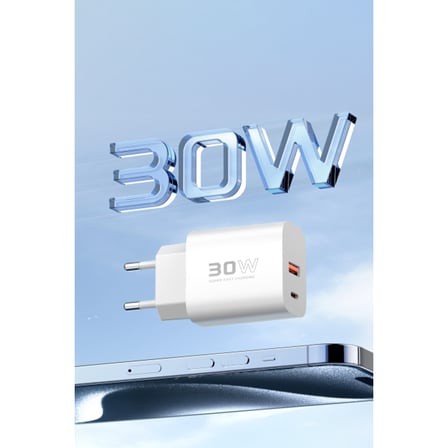 C89Q 1 Adet 30W Type-C ve 1 Adet 22.5W USB Çıkışlı Ekstra DL48 1M USB to Lightning Kablolu PD Şarj Cihazı - Beyaz