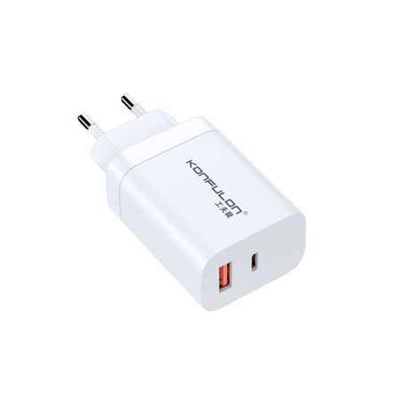 C99Q 65W PD Destekli Type-C ve USB Çift Çıkışlı Hızlı Şarj Adaptörü - Beyaz