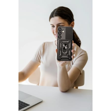 Erdo Ticaret Samsung Galaxy S25 Kılıf Silikon Yüzüklü Lens Kapaklı Siyah