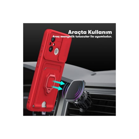 Redmi 12C Kılıf Zuma Kartvizitli Yüzüklü Silikon - Kırmızı