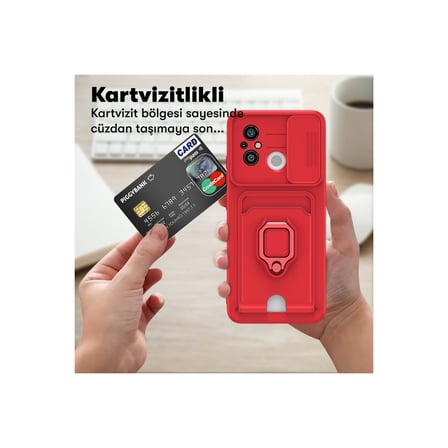 Redmi 12C Kılıf Zuma Kartvizitli Yüzüklü Silikon - Kırmızı