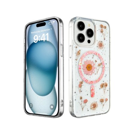 iPhone 15 Pro Kılıf Daisy Simli Magsafe Kapak - Pembe