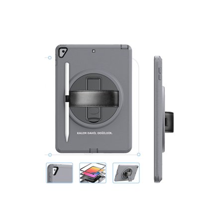 iPad 10.2 (7.nesil) Kılıf Hand Strap Tablet Kılıfı - Gri