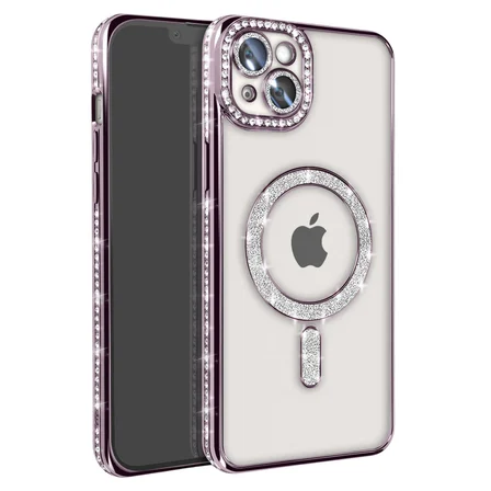 iPhone 15 Kılıf Joke Simli Magneticsafe Kılıf - Derin Mor