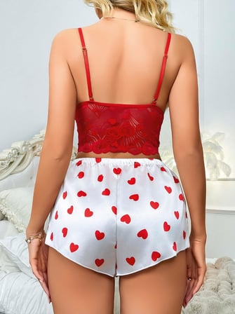 Kadın Kırmızı Kalp Desenli Şort Askılı Dantel Üst Pijama Takımı 2218 — BEDEN: S/M, RENK: Kırmızı