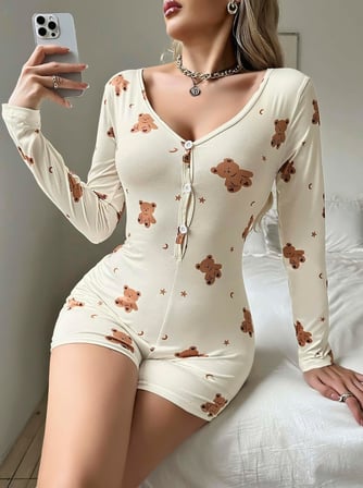 Kadın Bej Ayıcık Desenli Pijama Tulumu 5123