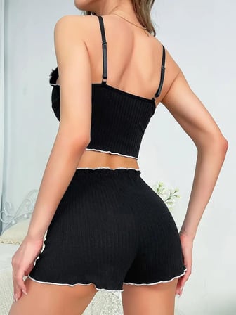 Kadın Siyah Fitilli Askılı Şortlu Pijama Takım 5042