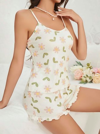 Kadın Ekru Çiçek Baskılı Şortlu Gecelik Pijama Takımı 5047