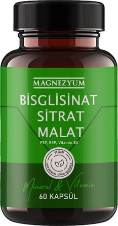 Magnezyum 1 Kutu Bisglisinat  Magnezyum Sitrat Magnezyum Malat & Vitamin B2 B3 B6  ve Mineral Kapsülleri 60LI