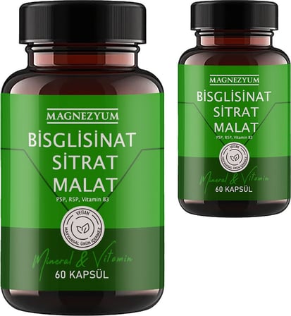 Magnezyum 2 Kutu Bisglisinat  Magnezyum Sitrat Magnezyum Malat & Vitamin B2 B3 B6  ve Mineral Kapsülleri 60LI 2 Adet
